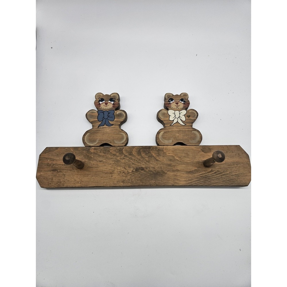 Vintage Wooden Cottagecore Handpainted Teddy Bear Wall Hook‎